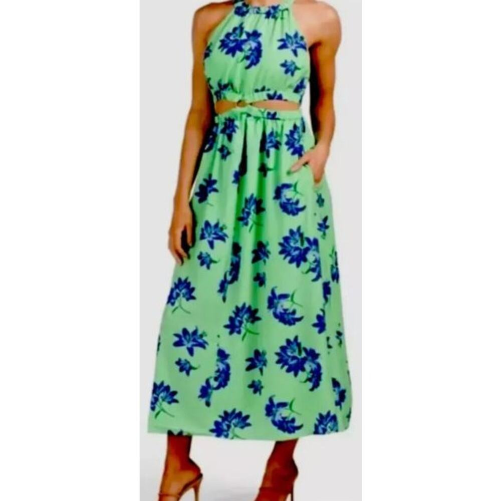 New Likely Sz 0 Karrica Maxi Shift Dress Green Floral Halter Cut Out Sleeveless‎